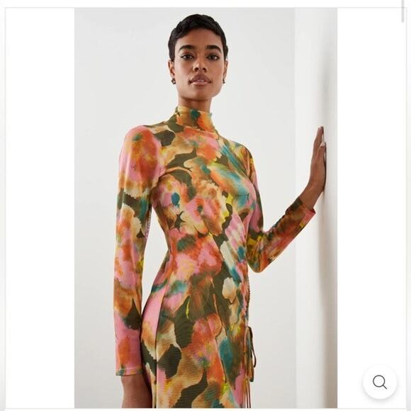Rails Mona Terra Floral Stretch Sheer Mesh Mock Turtleneck Midi Dress Size Small - Picture 2 of 6